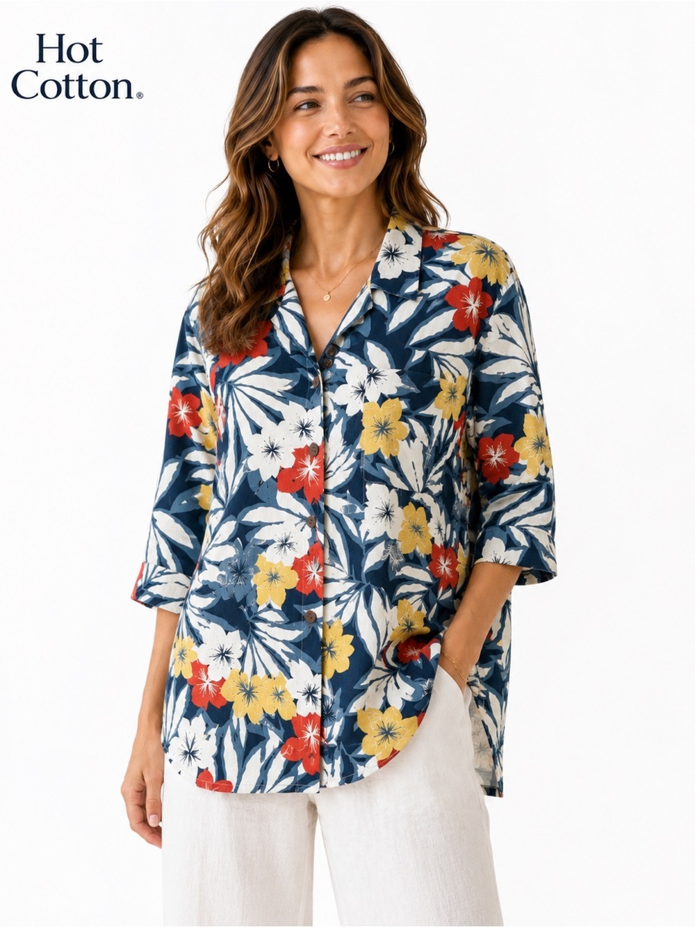 Hot Cotton 100% Linen Floral Button Front Top Women’s Large  3/4 Sleeve resort